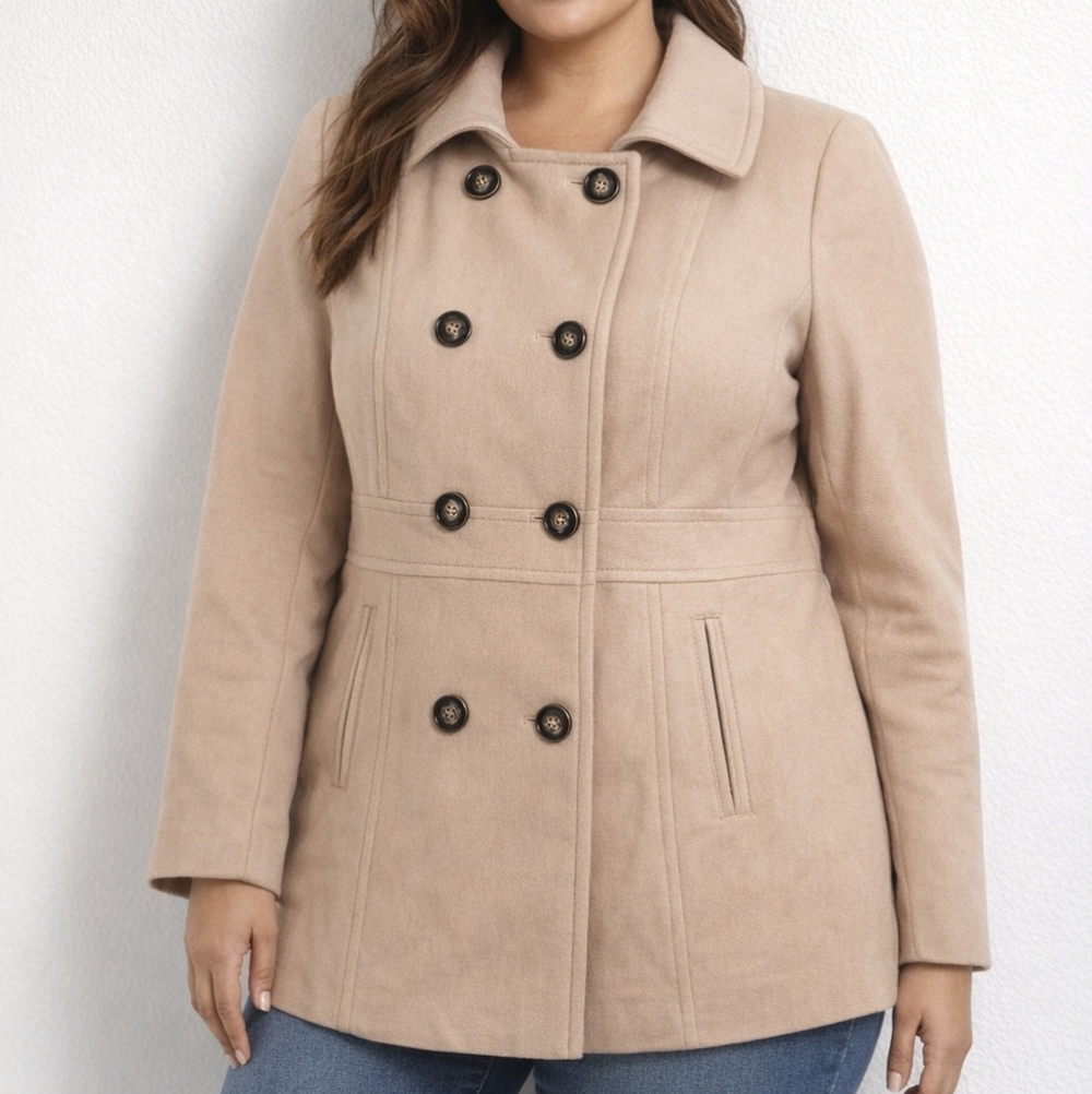 Kenneth Cole Reaction Pea Coat Women's Large Beige Wool Blend Double Breasted